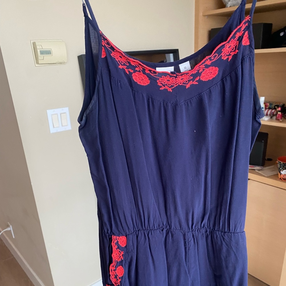 Blue romper, pinkish-reddish flower embroidery